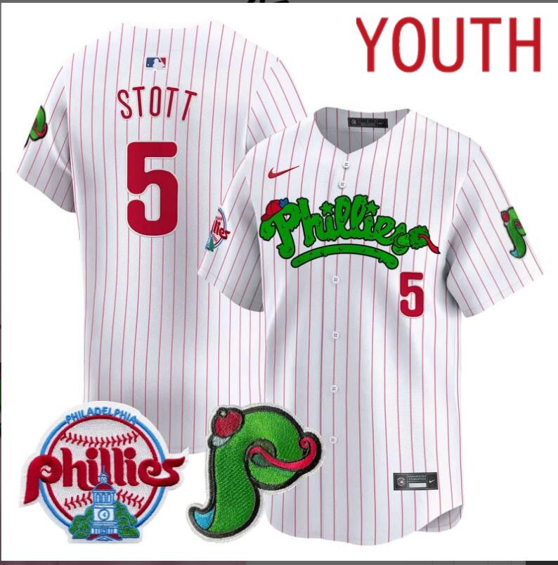 Youth  Philadelphia Phillies #5 Stott white with red strips Limited 2024 MLB Nike jersey->youth nfl jersey->Youth Jersey